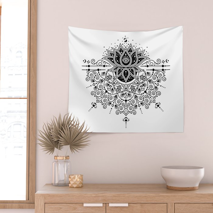 Lotus Blossom Mandala - Black Palette Wall Tapestry Gallery Image 2