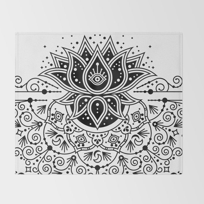 Lotus Blossom Mandala - Black Palette Throw Blanket Gallery Image 2