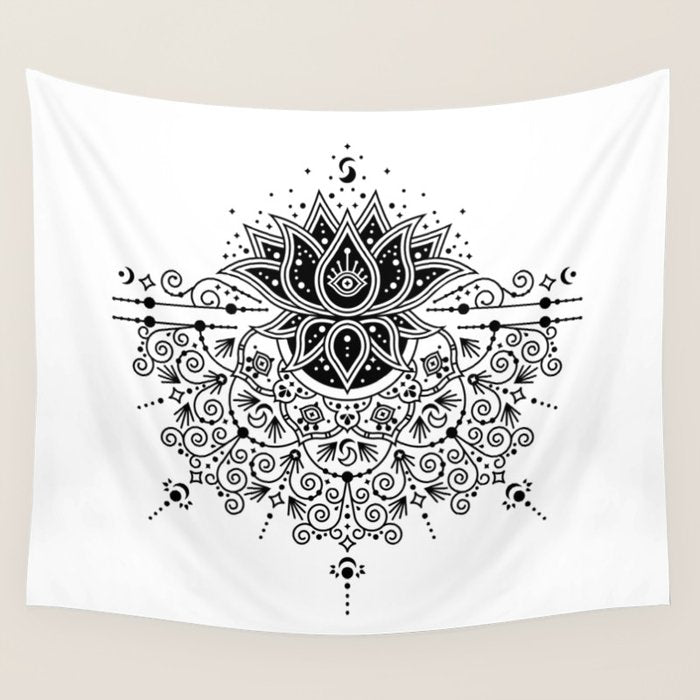 Lotus Blossom Mandala - Black Palette Wall Tapestry Gallery Image 4