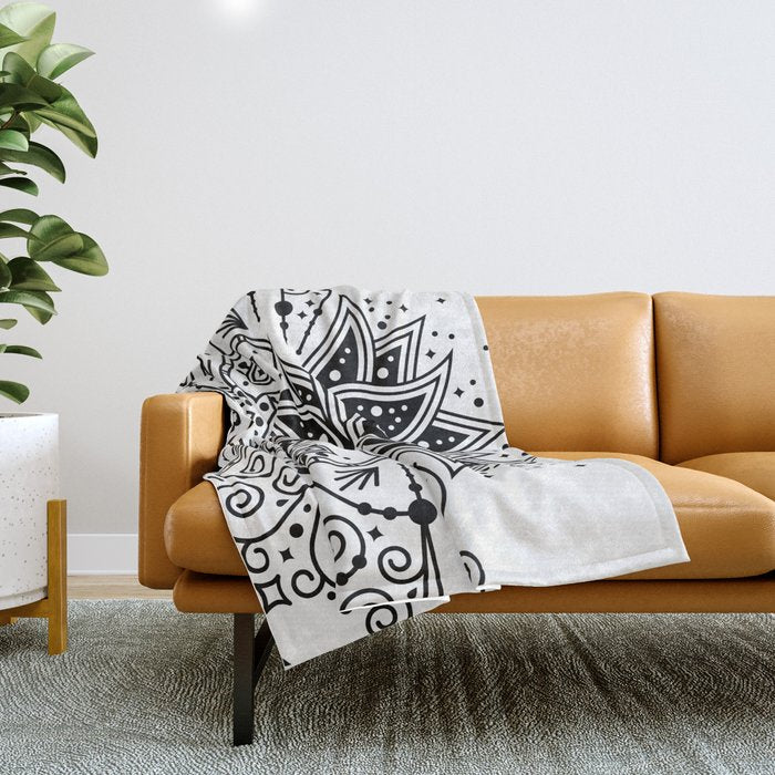 Lotus Blossom Mandala - Black Palette Throw Blanket Gallery Image 1