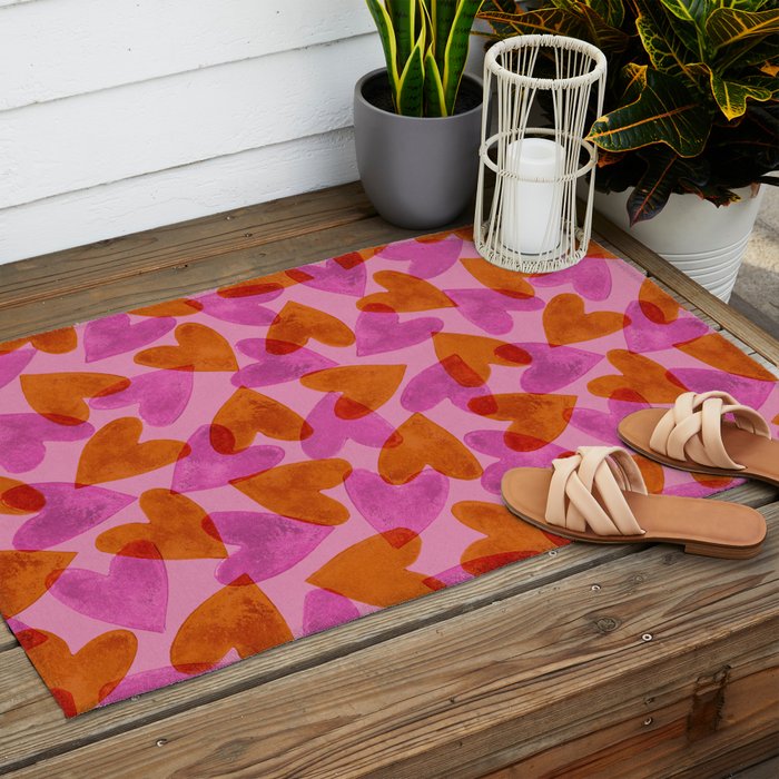 Linocut Hearts / Pink & Orange Outdoor Rug Gallery Image 2