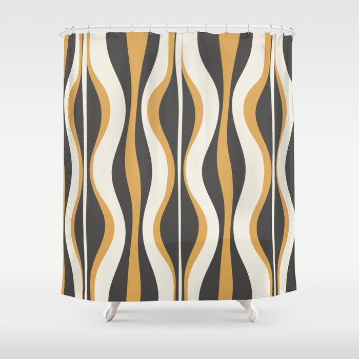 Hourglass Abstract Mid-century Modern Pattern in Charcoal Grey, Muted Mustard Gold, and Cream  Shower Curtain Gallery Image 1