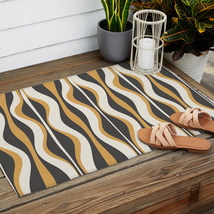 Hourglass Abstract Mid-century Modern Pattern in Charcoal Grey, Muted Mustard Gold, and Cream  Outdoor Rug Gallery Image 2