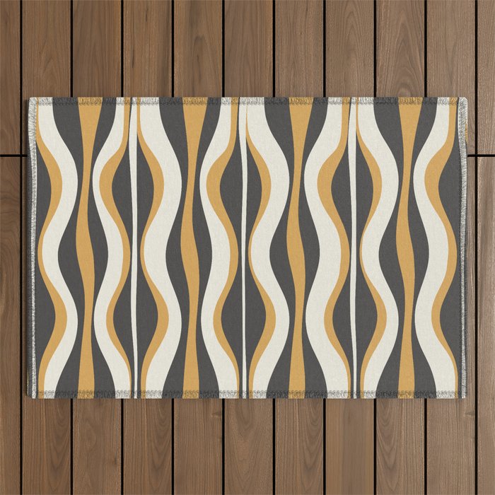 Hourglass Abstract Mid-century Modern Pattern in Charcoal Grey, Muted Mustard Gold, and Cream  Outdoor Rug Gallery Image 1