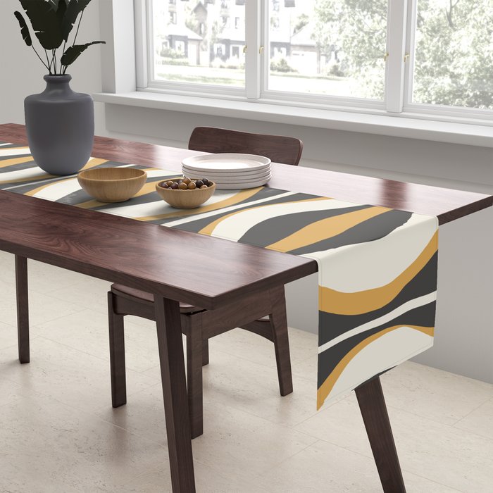 Hourglass Abstract Mid-century Modern Pattern in Charcoal Grey, Muted Mustard Gold, and Cream  Table Runner Gallery Image 2