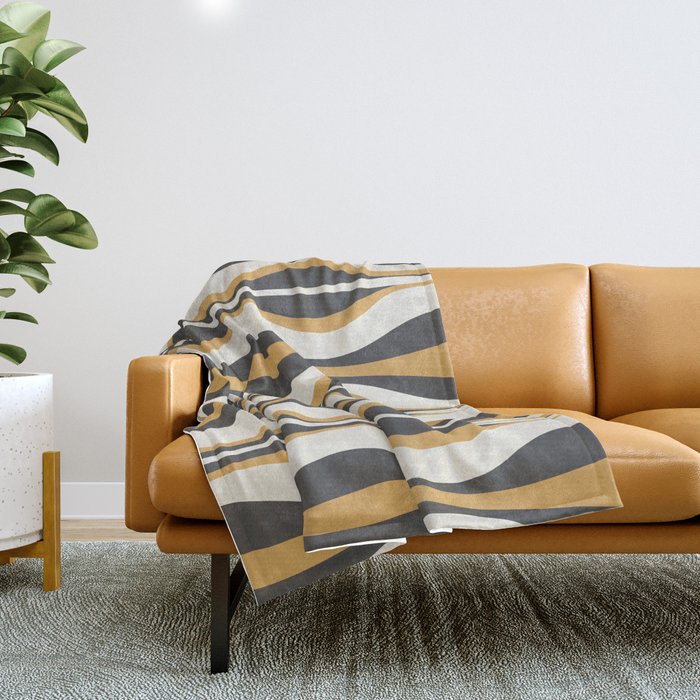 Hourglass Abstract Mid-century Modern Pattern in Charcoal Grey, Muted Mustard Gold, and Cream  Throw Blanket Gallery Image 1