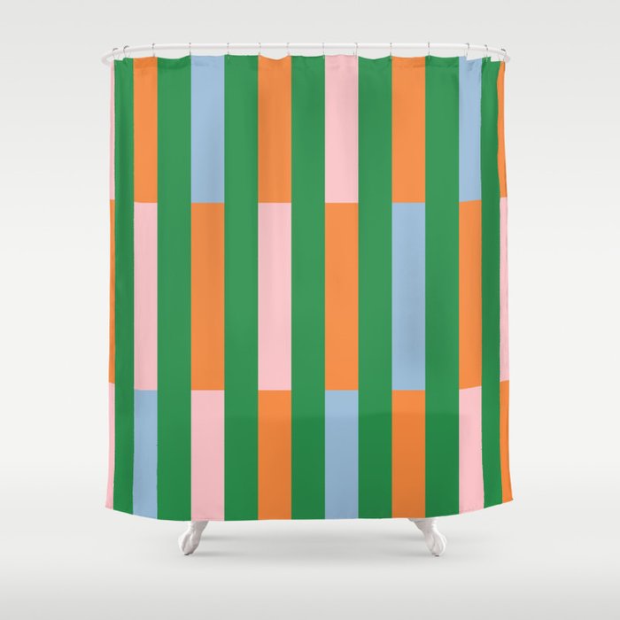 Color Block Stripes in Green, Light Blue, Orange, and Pink Shower Curtain Gallery Image 1