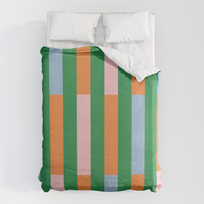 Color Block Stripes in Green, Light Blue, Orange, and Pink Duvet Cover Gallery Image 1