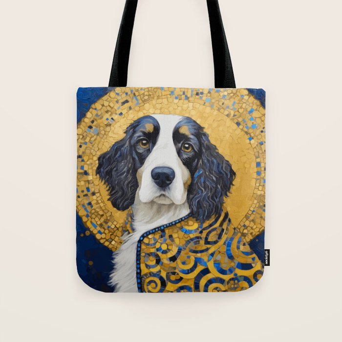 Gustav Klimt Style Black and White Dog with Colorful Jacket Tote Bag Gallery Image 1