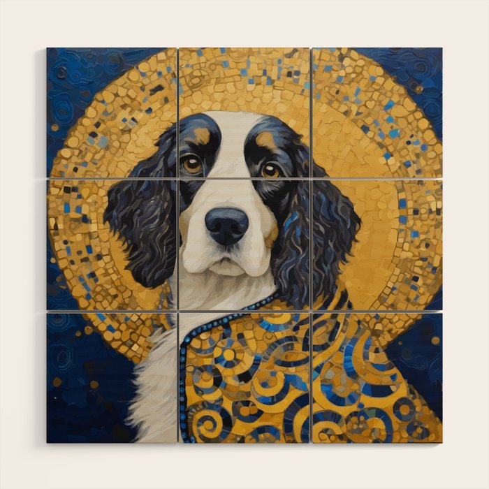 Gustav Klimt Style Black and White Dog with Colorful Jacket Wood Wall Art Gallery Image 1