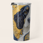 Gustav Klimt Style Black and White Dog with Colorful Jacket Travel Mug Gallery Image 3