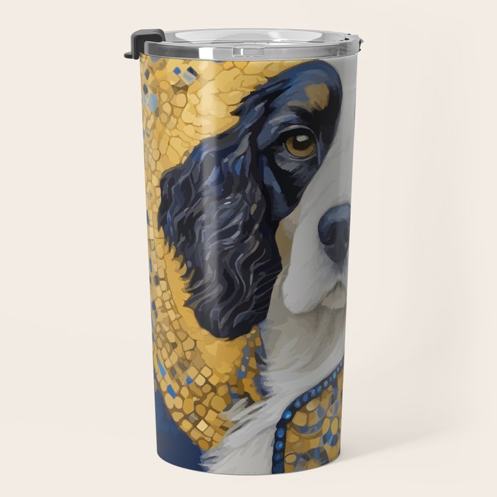 Gustav Klimt Style Black and White Dog with Colorful Jacket Travel Mug Gallery Image 3