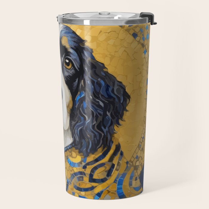 Gustav Klimt Style Black and White Dog with Colorful Jacket Travel Mug Gallery Image 2