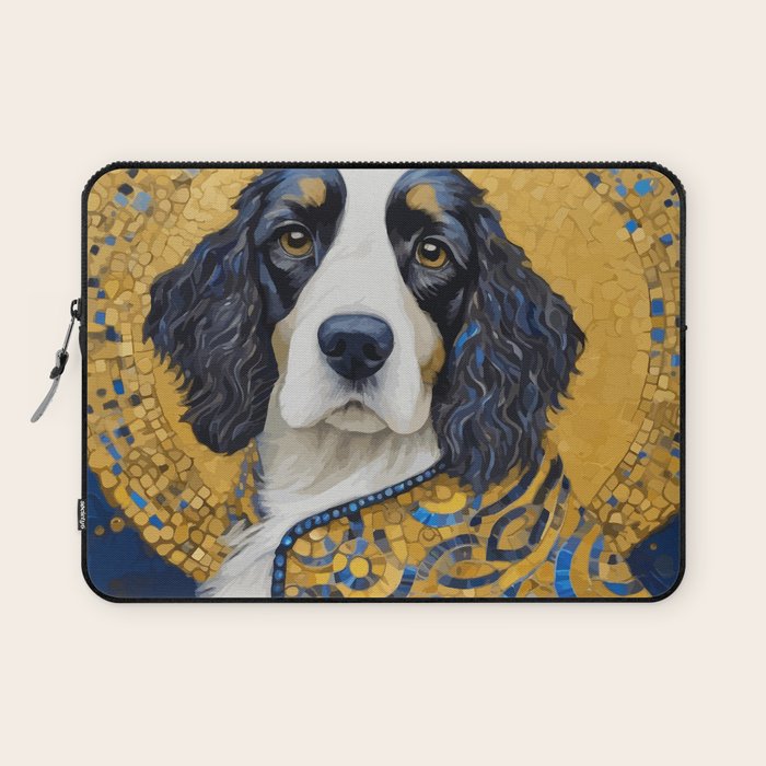 Gustav Klimt Style Black and White Dog with Colorful Jacket Laptop Sleeve Gallery Image 1