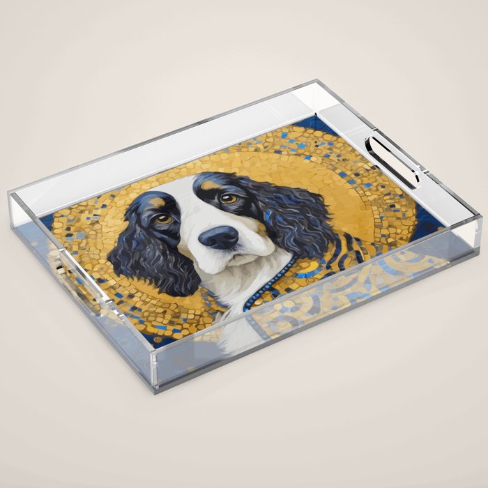 Gustav Klimt Style Black and White Dog with Colorful Jacket Acrylic Tray Gallery Image 1