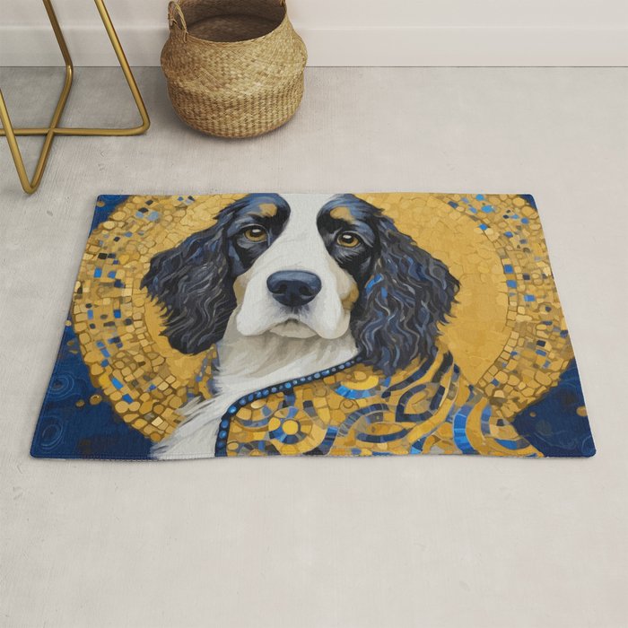 Gustav Klimt Style Black and White Dog with Colorful Jacket Rug Gallery Image 1