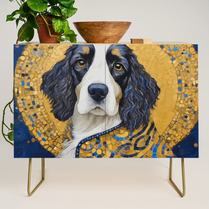 Gustav Klimt Style Black and White Dog with Colorful Jacket Credenza Gallery Image 1