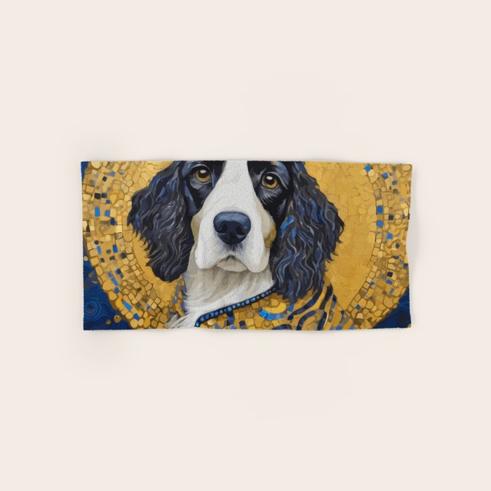 Gustav Klimt Style Black and White Dog with Colorful Jacket Bath Towel Gallery Image 1