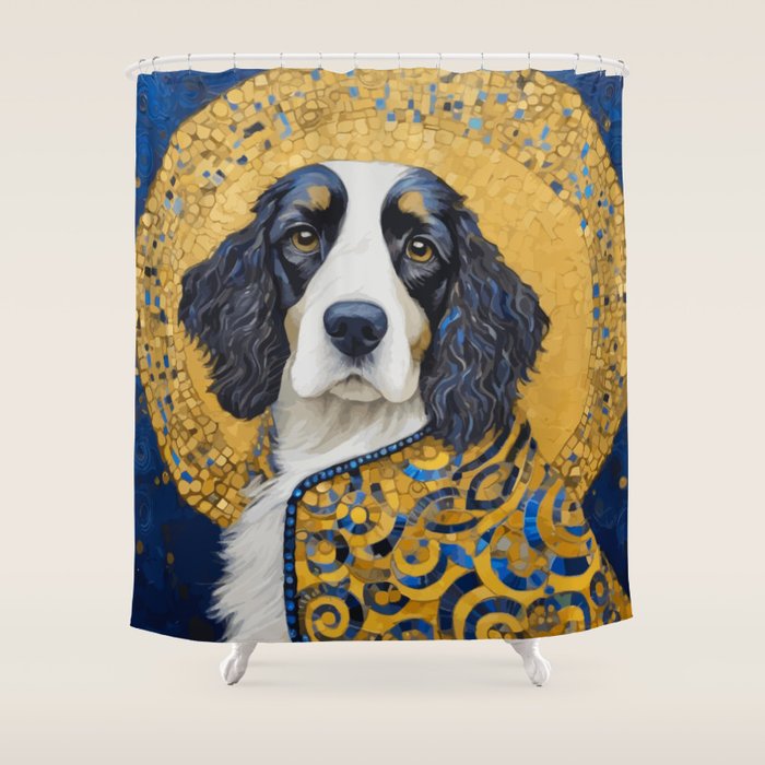 Gustav Klimt Style Black and White Dog with Colorful Jacket Shower Curtain Gallery Image 1
