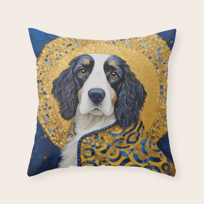 Gustav Klimt Style Black and White Dog with Colorful Jacket Throw Pillow Gallery Image 1