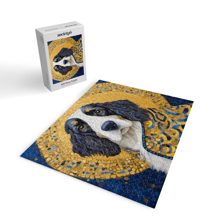 Gustav Klimt Style Black and White Dog with Colorful Jacket Jigsaw Puzzle Gallery Image 2