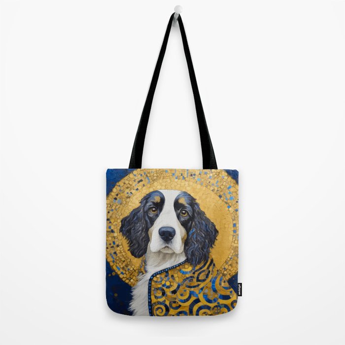 Gustav Klimt Style Black and White Dog with Colorful Jacket Tote Bag Gallery Image 2