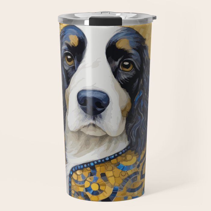 Gustav Klimt Style Black and White Dog with Colorful Jacket Travel Mug Gallery Image 1