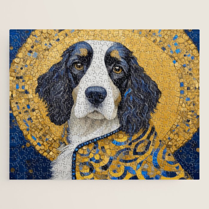 Gustav Klimt Style Black and White Dog with Colorful Jacket Jigsaw Puzzle Gallery Image 1