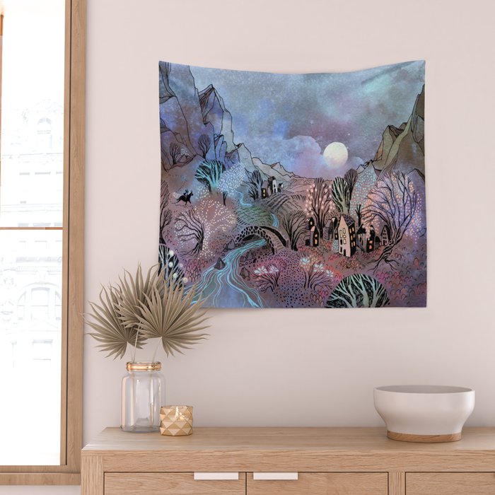 Valley at Full Moon Wall Tapestry Gallery Image 2