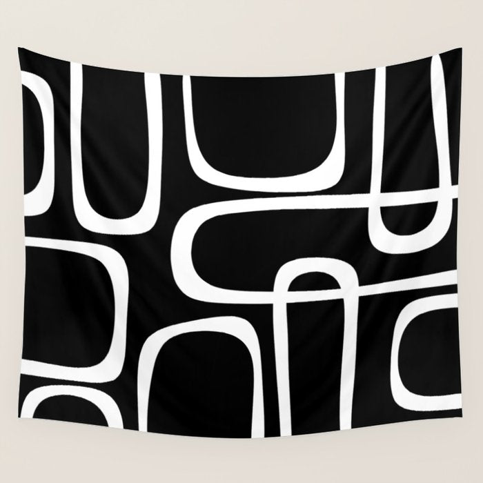 Midcentury Modern Loops Pattern in White and Black Wall Tapestry Gallery Image 1