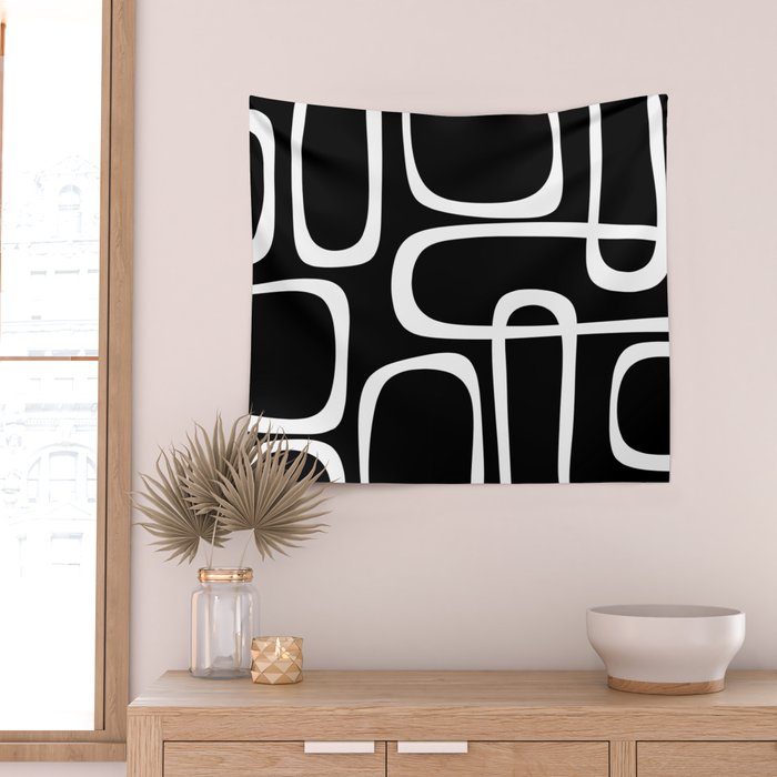 Midcentury Modern Loops Pattern in White and Black Wall Tapestry Gallery Image 2