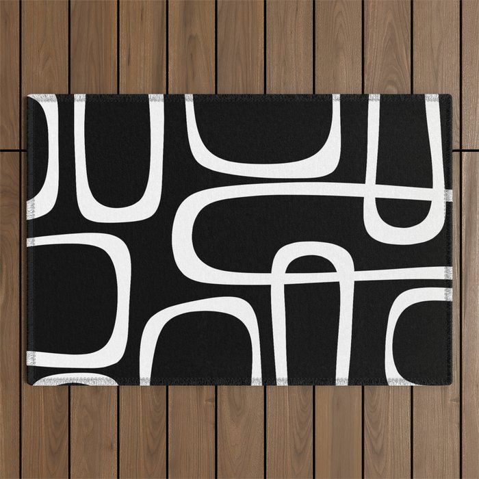 Midcentury Modern Loops Pattern in White and Black Outdoor Rug Gallery Image 1