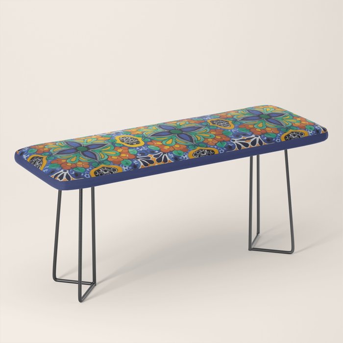 Maximalist leaves mexican flowers talavera pottery blue azulejo tile Bench Gallery Image 1