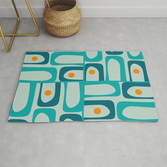 Mid Century Modern Piquet Multi Abstract Retro Pattern in Teal Aqua Orange Turquoise Blue Tones Rug Gallery Image 1