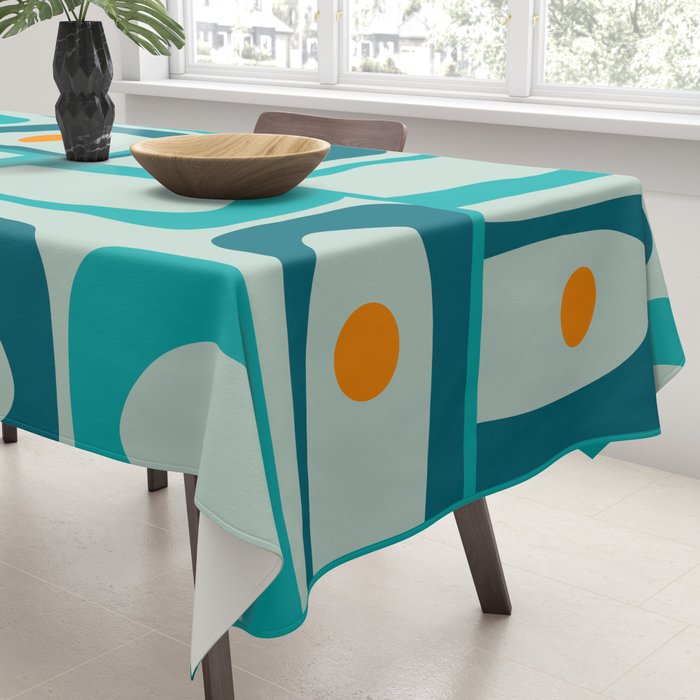 Mid Century Modern Piquet Multi Abstract Retro Pattern in Teal Aqua Orange Turquoise Blue Tones Tablecloth Gallery Image 3