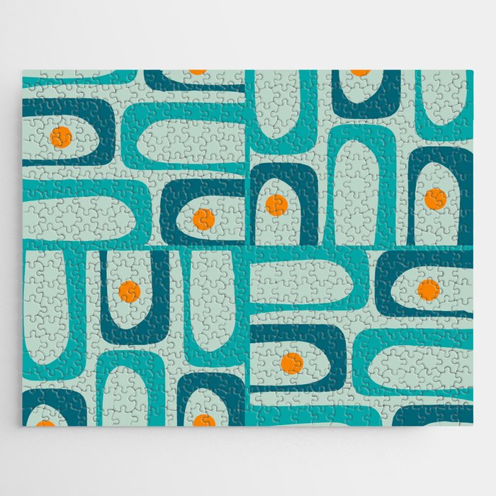 Mid Century Modern Piquet Multi Abstract Retro Pattern in Teal Aqua Orange Turquoise Blue Tones Jigsaw Puzzle Gallery Image 1
