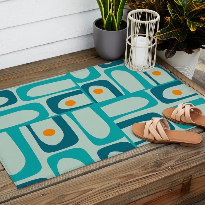 Mid Century Modern Piquet Multi Abstract Retro Pattern in Teal Aqua Orange Turquoise Blue Tones Outdoor Rug Gallery Image 2