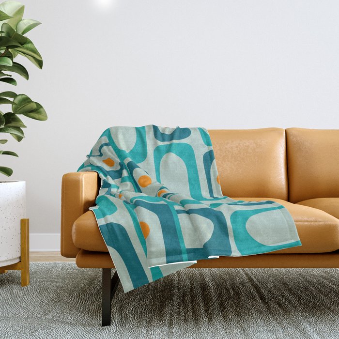 Mid Century Modern Piquet Multi Abstract Retro Pattern in Teal Aqua Orange Turquoise Blue Tones Throw Blanket Gallery Image 1