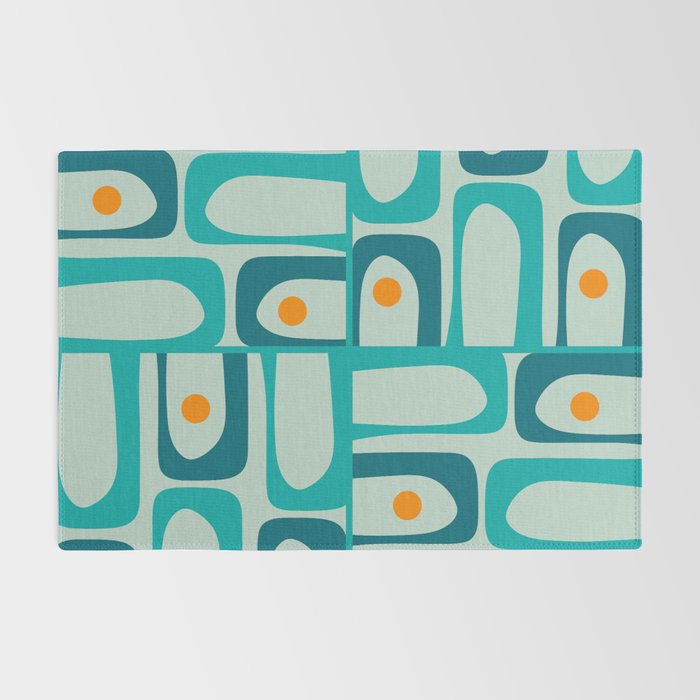 Mid Century Modern Piquet Multi Abstract Retro Pattern in Teal Aqua Orange Turquoise Blue Tones Rug Gallery Image 2