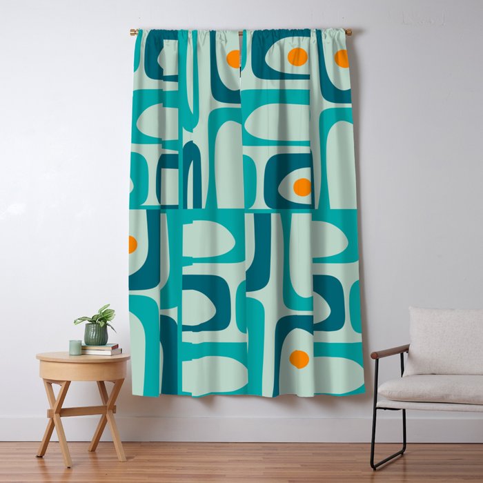 Mid Century Modern Piquet Multi Abstract Retro Pattern in Teal Aqua Orange Turquoise Blue Tones Window Curtain Gallery Image 1