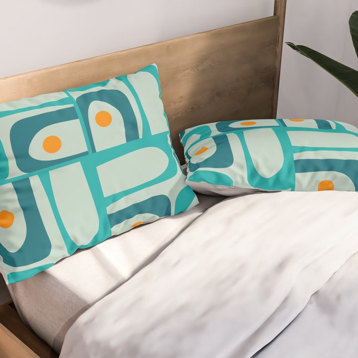 Mid Century Modern Piquet Multi Abstract Retro Pattern in Teal Aqua Orange Turquoise Blue Tones Pillow Sham Gallery Image 2