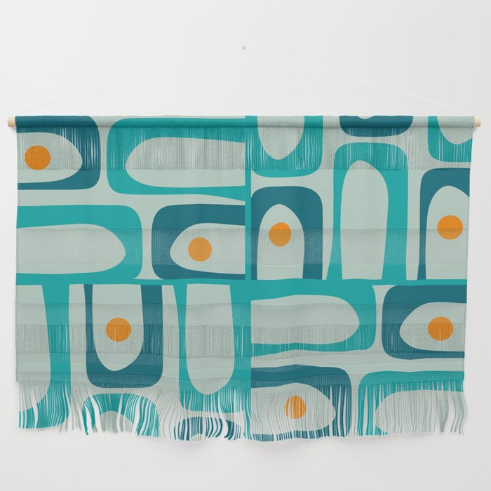 Mid Century Modern Piquet Multi Abstract Retro Pattern in Teal Aqua Orange Turquoise Blue Tones Wall Hanging Gallery Image 1