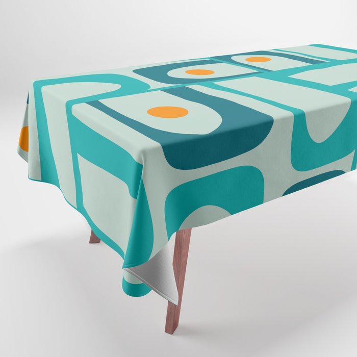 Mid Century Modern Piquet Multi Abstract Retro Pattern in Teal Aqua Orange Turquoise Blue Tones Tablecloth Gallery Image 1
