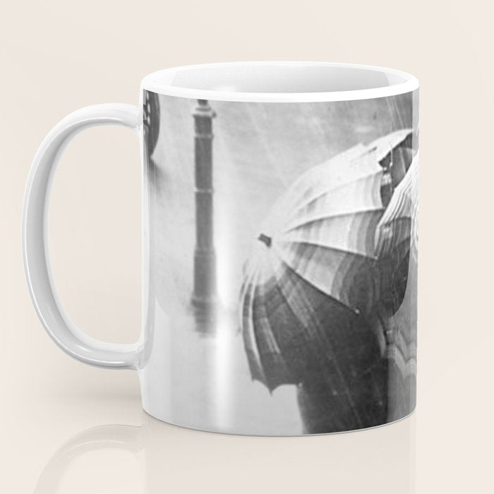 Friends in the Rain with Umbrellas black and white photography Coffee Mug Gallery Image 3