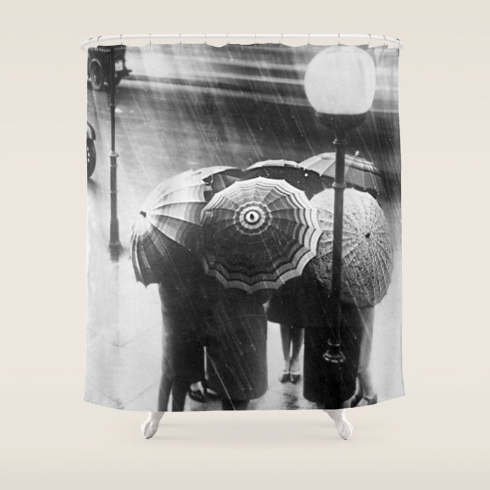 Friends in the Rain with Umbrellas black and white photography Shower Curtain Gallery Image 1