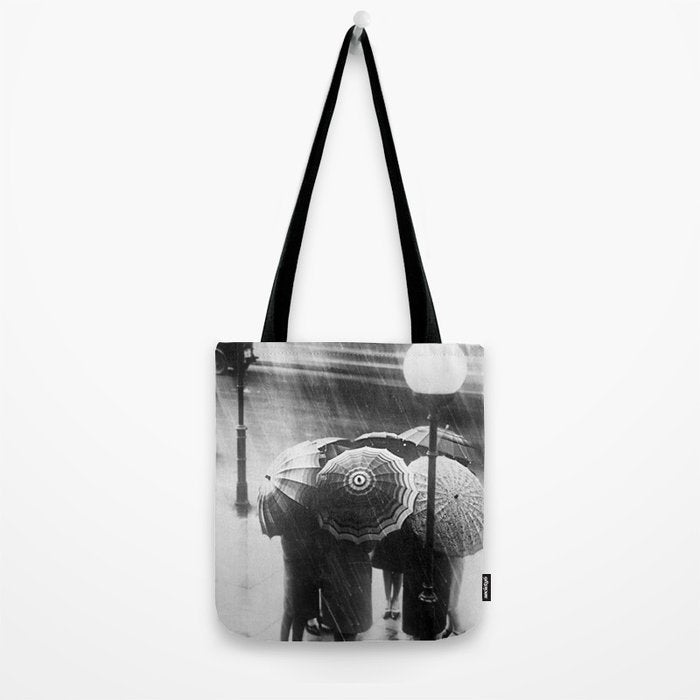 Friends in the Rain with Umbrellas black and white photography Tote Bag Gallery Image 2