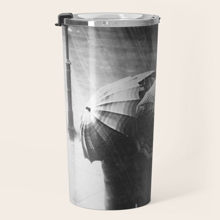 Friends in the Rain with Umbrellas black and white photography Travel Mug Gallery Image 3