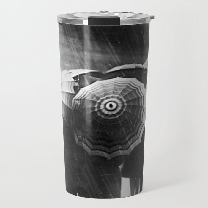 Friends in the Rain with Umbrellas black and white photography Travel Mug Gallery Image 1