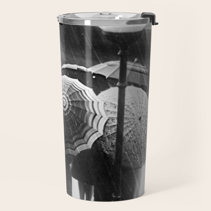 Friends in the Rain with Umbrellas black and white photography Travel Mug Gallery Image 2