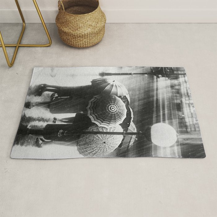Friends in the Rain with Umbrellas black and white photography Rug Gallery Image 1